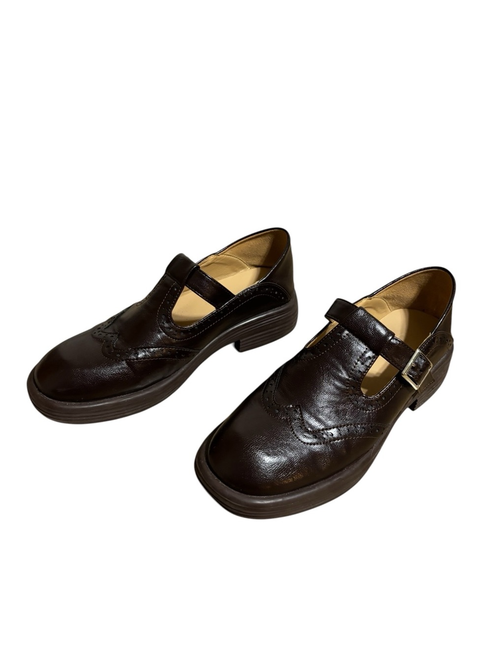 Preppy Style Brogue Carving Sheepskin T Strap Mary Jane in Coffee EU 38